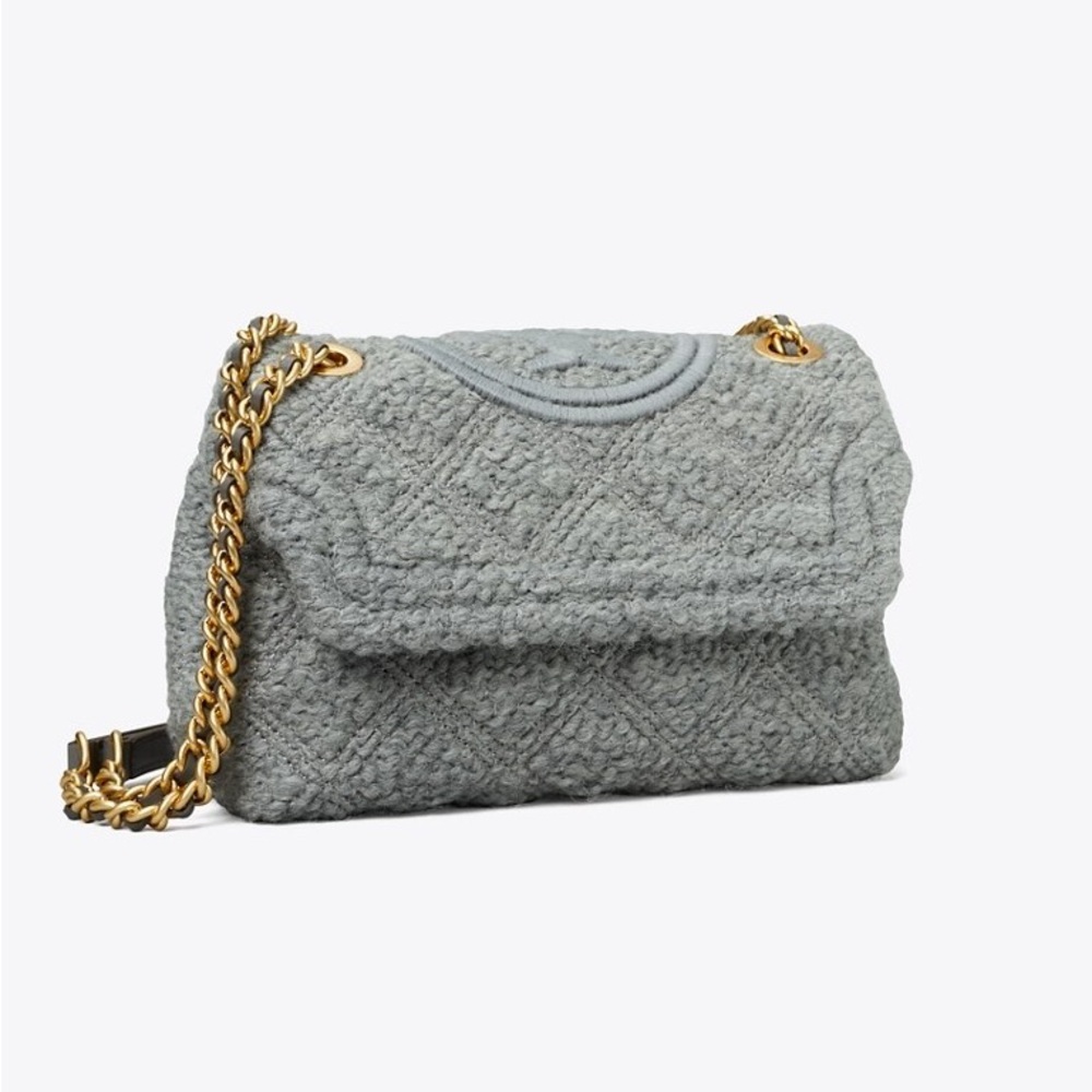 Tory Burch Gray Textured Shoulder Bag with Gold Chain